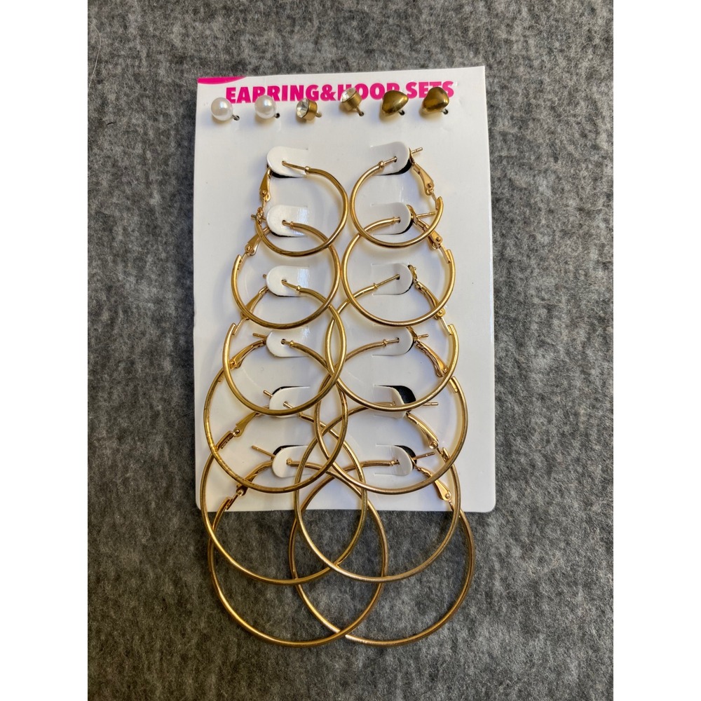 Gold Tone Earring Set 9 Pairs Graduated Hoops Faux Pearl Rhinestone Heart Studs